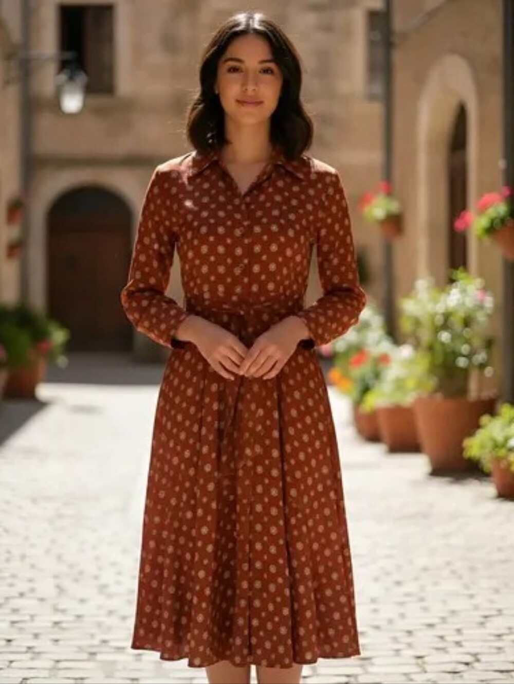 Banana Republic Rust Orange Floral Long-Sleeve Shirt Dress